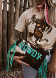 The Howdy Cowhide Clutch in Turquoise