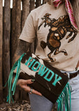 The Howdy Cowhide Clutch in Turquoise