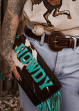 The Howdy Cowhide Clutch in Turquoise