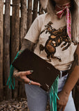 The Howdy Cowhide Clutch in Turquoise