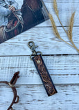 prescott_wristlet_keyring_strap_leather_handpainted_aztec_sunflower_tooled_leather_mack_and_co_designs_australia