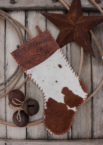 Cowhide Christmas Stocking - Tan Tooled Leather
