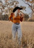 eleanor_ruffle_puff_sleeve_bodysuit_cowgirl_western_pumpkin_spice_rust_mack_and_co_designs_australia