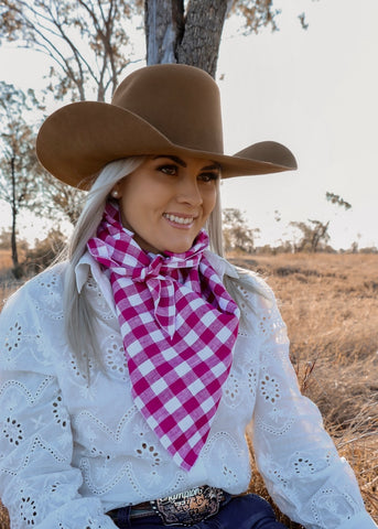 rodeo_western_fashion_handmade_handcrafted_concho_scarfslide_slide_wildrag_wild_rag_neck_scarf_tie_necktie_scarves_bucking_bronco_campdraft_barrel_racing_racer_linen_gingham_pink_magenta_cowgirl_mack_and_co_designs_australia