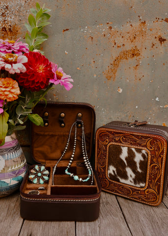 Addilyn Cowhide Jewellery Case in Chocolate Tooled Leather