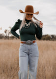 eleanor_ruffle_puff_sleeve_bodysuit_cowgirl_western_forest_green_mack_and_co_designs_australia