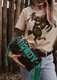 The Howdy Cowhide Clutch in Turquoise
