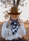 rodeo_western_fashion_handmade_handcrafted_concho_scarfslide_slide_wildrag_wild_rag_neck_scarf_tie_necktie_scarves_bucking_bronco_campdraft_barrel_racing_racer_linen_gingham_navy_cowgirl_mack_and_co_designs_australia