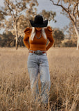 eleanor_ruffle_puff_sleeve_bodysuit_cowgirl_western_pumpkin_spice_rust_mack_and_co_designs_australia