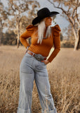 eleanor_ruffle_puff_sleeve_bodysuit_cowgirl_western_pumpkin_spice_rust_mack_and_co_designs_australia