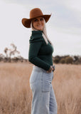 eleanor_ruffle_puff_sleeve_bodysuit_cowgirl_western_forest_green_mack_and_co_designs_australia