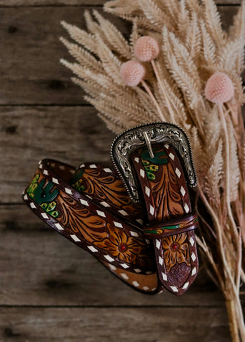 american_darling_tooled_leather_western_buckle_cowboy_cowgirl_belt_handpainted_buckstitch_mack_and_co_designs_australia