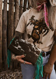 The Howdy Cowhide Clutch in Turquoise