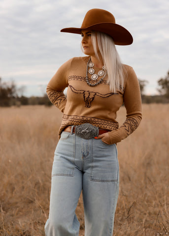 camel_longhorn_sweater_cowgirl_western_cotton_rye_outfitters_america_mack_and_co_designs_australia