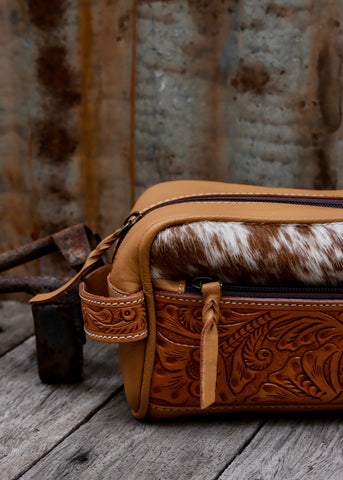Bandera Cowhide Toiletries Bag - Tan Tooled Leather