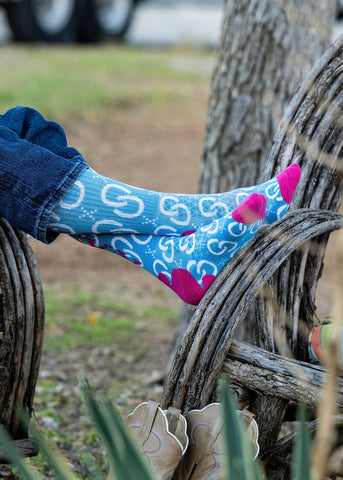 lucky_chuck_western_performance_socks_vintage_cowboys_cowgirls_rodeos_on_the_high_maintenance_sky_blue_hot_pink_horse_shoes_hemp_compression_america_usa_mack_and_co_designs_australia