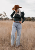 eleanor_ruffle_puff_sleeve_bodysuit_cowgirl_western_forest_green_mack_and_co_designs_australia
