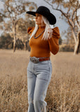 eleanor_ruffle_puff_sleeve_bodysuit_cowgirl_western_pumpkin_spice_rust_mack_and_co_designs_australia