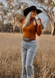 eleanor_ruffle_puff_sleeve_bodysuit_cowgirl_western_pumpkin_spice_rust_mack_and_co_designs_australia