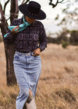 the_tombstone_aztec_blouse_arena_shirt_turquoise_kingman_concho_pearl_snap_button_down_plisse_monochrome_barrel_racer_womens_mack_and_co_designs_australia