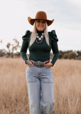 eleanor_ruffle_puff_sleeve_bodysuit_cowgirl_western_forest_green_mack_and_co_designs_australia