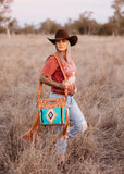 Riana Tooled Leather Saddle Blanket Bag in Turquoise