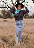 the_tombstone_aztec_blouse_arena_shirt_turquoise_kingman_concho_pearl_snap_button_down_plisse_monochrome_barrel_racer_womens_mack_and_co_designs_australia