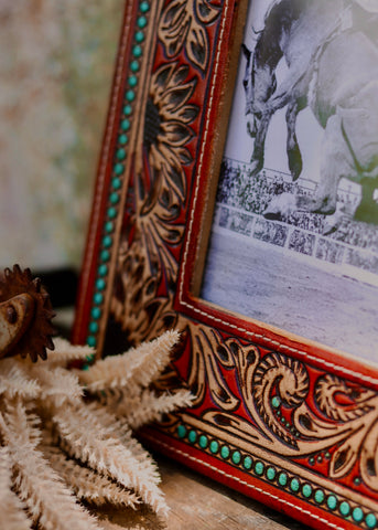 tooled_leather_photo_frame_western_home_decor_ranch_house_turquoise_sunflower_mack_and_co_designs_australia