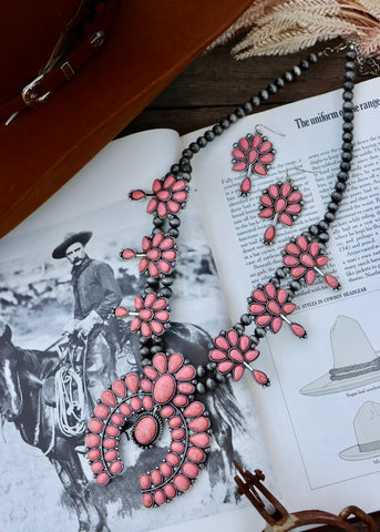 pink_conch_statment_full_squash_blossom_navajo_pearls_necklace_western_earrings_set_mack_and_co_designs_australia