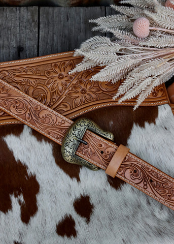 Reagan Cowhide Bag in Tan Tooled Leather