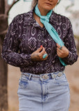 the_tombstone_aztec_blouse_arena_shirt_turquoise_kingman_concho_pearl_snap_button_down_plisse_monochrome_barrel_racer_womens_mack_and_co_designs_australia