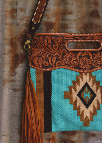 neveda_tan_tooled_leather_saddle_blanket_saddleblanket_american_darling_turquoise_western_cowgirl_handbag_bag_fringe_mack_and_co_designs_australia