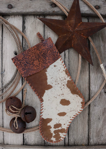 Cowhide Christmas Stocking - Tan Tooled Leather