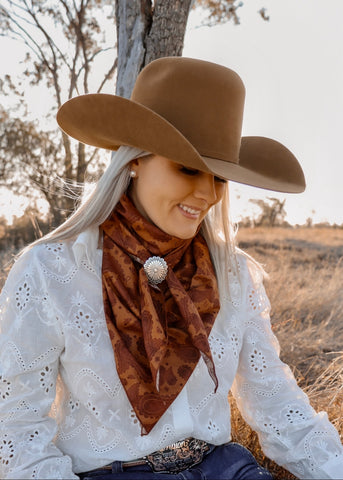 rodeo_western_fashion_ruffle_wrap_handmade_handcrafted_concho_scarfslide_slide_wildrag_wild_rag_neck_scarf_tie_necktie_floral_scarves_bucking_bronco_campdraft_barrel_racing_racer_linen_gingham_ranch_rider_paisley_cowgirl_mack_and_co_designs_australia