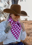 rodeo_western_fashion_handmade_handcrafted_concho_scarfslide_slide_wildrag_wild_rag_neck_scarf_tie_necktie_scarves_bucking_bronco_campdraft_barrel_racing_racer_linen_gingham_pink_magenta_cowgirl_mack_and_co_designs_australia