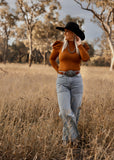 eleanor_ruffle_puff_sleeve_bodysuit_cowgirl_western_pumpkin_spice_rust_mack_and_co_designs_australia