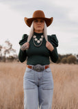 eleanor_ruffle_puff_sleeve_bodysuit_cowgirl_western_forest_green_mack_and_co_designs_australia