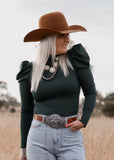 eleanor_ruffle_puff_sleeve_bodysuit_cowgirl_western_forest_green_mack_and_co_designs_australia