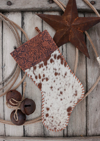 Cowhide Christmas Stocking - Tan Tooled Leather