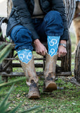 lucky_chuck_western_performance_socks_vintage_cowboys_cowgirls_rodeos_on_the_high_maintenance_sky_blue_hot_pink_horse_shoes_hemp_compression_america_usa_mack_and_co_designs_australia