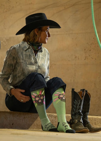 lucky_chuck_western_performance_socks_vintage_cowboys_cowgirls_rodeos_dont_walk_in_fear_sage_sugar_skull_hemp_compression_america_usa_mack_and_co_designs_australia