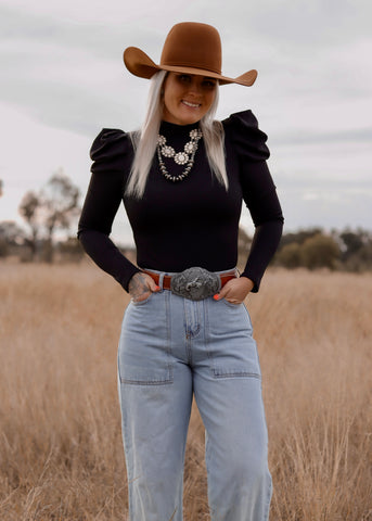 eleanor_ruffle_puff_sleeve_bodysuit_cowgirl_western_black_mack_and_co_designs_australia