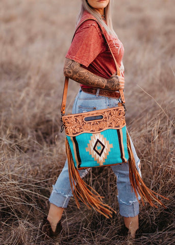 Riana Tooled Leather Saddle Blanket Bag in Turquoise