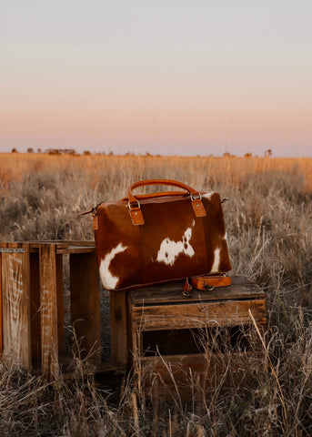 kate_overnight_tote_bag_handbag_cowhide_tan_leather_brown_duffle_duffel_country_western_mack_and_co_designs_australia
