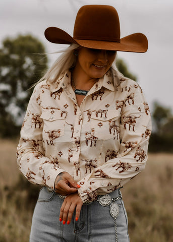 cotton_rye_outfitters_america_longhorn_rust_pearl_snap_button_up_arena_shirt_womens_western_cowgirl_mack_and_co_designs_australia