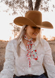 rodeo_western_wildflowers_poster_fashion_ruffle_wrap_handmade_handcrafted_concho_scarfslide_slide_wildrag_wild_rag_neck_scarf_tie_necktie_floral_scarves_turquiose_bucking_bronco_campdraft_barrel_racing_racer_linen_gingham_ranch_rider_paisley_cowgirl_mack_and_co_designs_australia