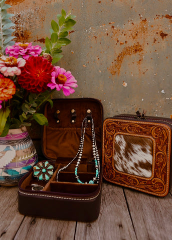 Addilyn Cowhide Jewellery Case in Chocolate Tooled Leather