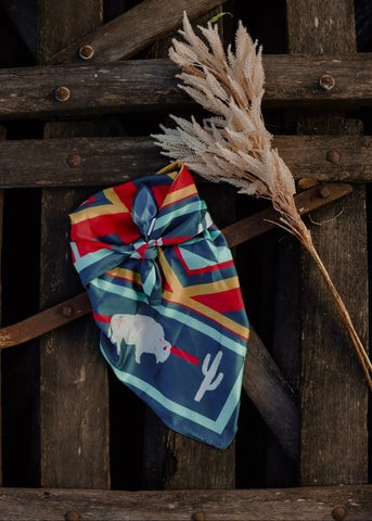 rodeo_western_fashion_silk_satin_cactus_frontier_bison_turquoise_teal_handmade_handcrafted_concho_scarfslide_slide_wildrag_wild_rag_neck_scarf_tie_necktie_floral_scarves_bucking_bronco_campdraft_barrel_racing_racer_linen_cutting_gingham_paisley_cowgirl_mack_and_co_designs_australia