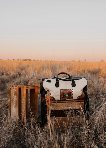 loretta_overnight_cowhide_tooled_leather_duffle_duffel_bag_turquoise_buckle_fringe_western_mack_and_co_designs_australia