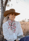 rodeo_western_wildflowers_poster_fashion_ruffle_wrap_handmade_handcrafted_concho_scarfslide_slide_wildrag_wild_rag_neck_scarf_tie_necktie_floral_scarves_turquiose_bucking_bronco_campdraft_barrel_racing_racer_linen_gingham_ranch_rider_paisley_cowgirl_mack_and_co_designs_australia